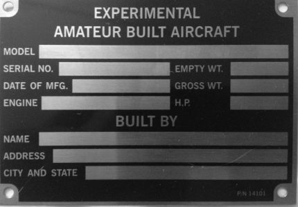 experimental aircraft vin plate