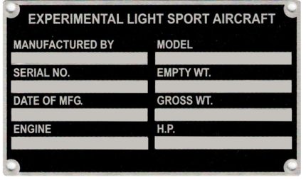 Experimental Light aircraft VIN Plate