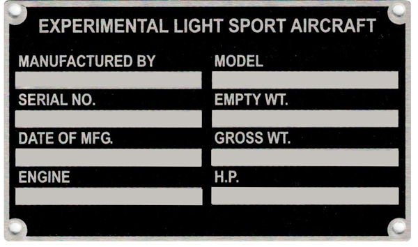 Experimental Light aircraft VIN Plate